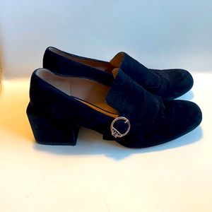 Tory Burch black suede block heel loafers
